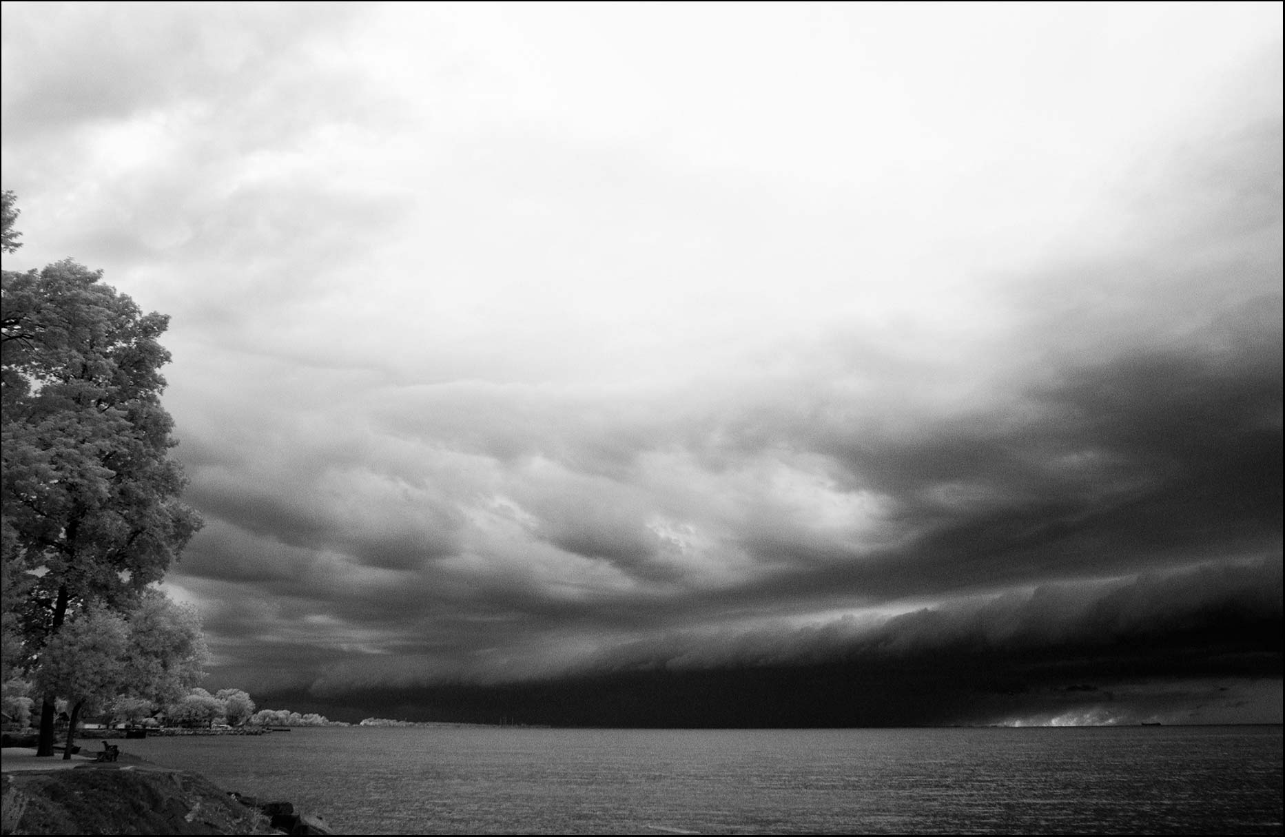 Lake Erie Ohio storm clouds shot in black and white infrared